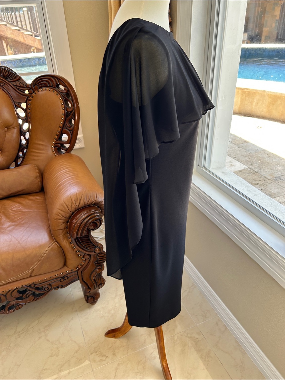 Calvin Klein Black Midi Sheath Dress with Cape Overlay - Picture 5 of 7